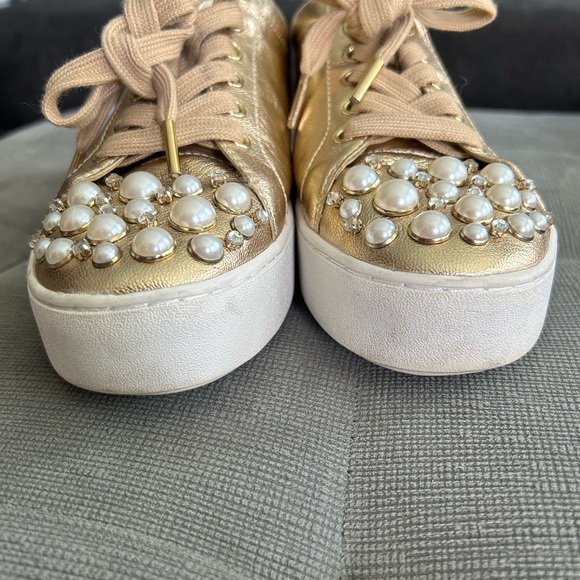 Michael Kors Gold Foil Sneakers 7.5 with Pearls and Rhinestones - Picture 8 of 9